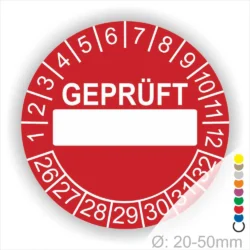 Runde rot Prüfplakette „GEPRÜFT“ mit Beschriftungsfeld, Monatsring und Jahresring zur Kennzeichnung geprüfter Geräte und Anlagen, Ø 20–50 mm.