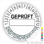 Runde weiß Prüfplakette „GEPRÜFT“ mit Beschriftungsfeld, Monatsring und Jahresring zur Kennzeichnung geprüfter Geräte und Anlagen, Ø 20–50 mm