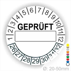 Runde weiß Prüfplakette „GEPRÜFT“ mit Beschriftungsfeld, Monatsring und Jahresring zur Kennzeichnung geprüfter Geräte und Anlagen, Ø 20–50 mm