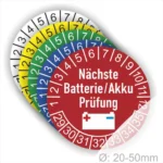 Batterieprüfziffernaufkleber in verschiedenen Farben mit dem Hinweis „Nächste Batterie/Akku Prüfung“, Durchmesser von 20-50 mm.