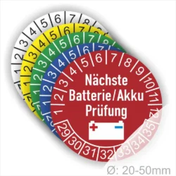 Batterieprüfziffernaufkleber in verschiedenen Farben mit dem Hinweis „Nächste Batterie/Akku Prüfung“, Durchmesser von 20-50 mm.