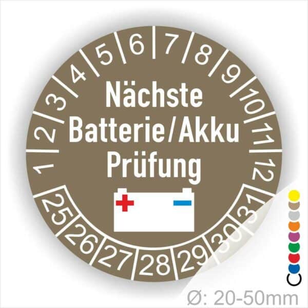 Prüfplaketten, Prüfetiketten rund, Farbe- Blau, Text "Nächste Batterie/Akku Prüfung" in Weiß. Icon Batterie, Startjahr- 25, Monatszahlen Oben und Jahreszahlen Unten in Kreisform.