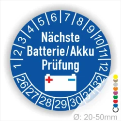 Runder Prüfaufkleber für Batterien und Akkus mit dem Hinweis „Nächste Batterie/Akku Prüfung“ und einem Zeitrahmen von 1 bis 30. Ideal für die Kennzeichnung von Prüfintervallen. Durchmesser: 20-50 mm.