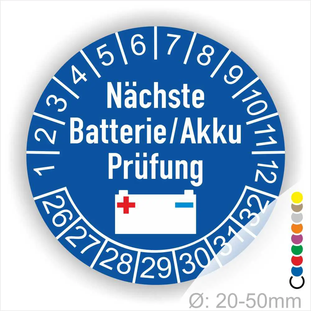 Nächste Batterie / Akku Prüfung – Prüfplakette blau mit Monats- und Jahresring Runder Prüfaufkleber für Batterien und Akkus mit dem Hinweis „Nächste Batterie/Akku Prüfung“ und einem Zeitrahmen von 1 bis 30. Ideal für die Kennzeichnung von Prüfintervallen. Durchmesser: 20-50 mm.