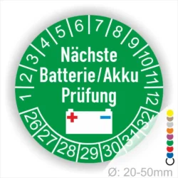 Prüfetiketten, Prüfplakette rund, Farbe- Grün, Text "Batterie gewechselt" in Weiß. Icon Batterie, Startjahr- 26, Monatszahlen Oben und Jahreszahlen Unten in Kreisform.