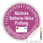Aufkleber für die nächste Batterie- oder Akku-Prüfung mit einem Durchmesser von 20-50 mm, ausgestattet mit einer visuellen Anzeige für Prüfintervalle und einem Batteriesymbol.