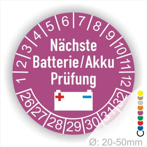 Prüfetiketten, Prüfplakette rund, Farbe- Lila, Text "Nächste Batterie/Akku Prüfung" in Weiß. Icon Batterie, Startjahr- 25, Monatszahlen Oben und Jahreszahlen Unten in Kreisform.