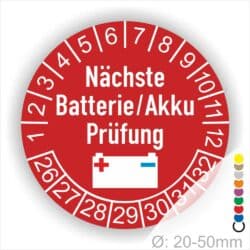 Prüfetiketten, Prüfplakette rund, Farbe- Rot, Text "Nächste Batterie/Akku Prüfung" in Weiß. Icon Batterie, Startjahr- 25, Monatszahlen Oben und Jahreszahlen Unten in Kreisform.