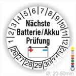 Prüfetiketten, Prüfplakette rund, Farbe- Weiß, Text "Nächste Batterie/Akku Prüfung" in Schwarz. Icon Batterie, Startjahr- 25, Monatszahlen Oben und Jahreszahlen Unten in Kreisform.