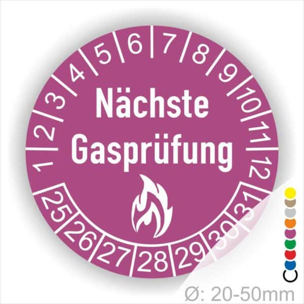 Prüfplaketten rund, Farbe- Lila, Text "Nächste Gasprüfung" in Weiß danach eine Flamme als Pictogramm oder Icon in Weiß, Startjahr- 25, Monatszahlen Oben und Jahreszahlen Unten in Kreisform.