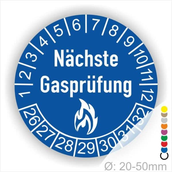 Prüfetiketten, Prüfplaketten rund, Farbe- Blau, Text "Nächste Gasprüfung" in Weiß danach eine Flamme als Pictogramm oder Icon in Weiß, Startjahr- 26, Monatszahlen Oben und Jahreszahlen Unten in Kreisform.