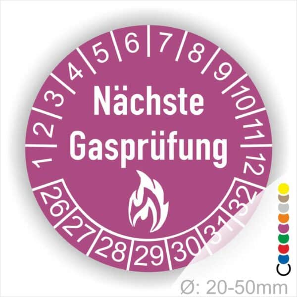 Prüfetiketten, Prüfplaketten rund, Farbe- Lila, Text "Nächste Gasprüfung" in Weiß danach eine Flamme als Pictogramm oder Icon in Weiß, Startjahr- 26, Monatszahlen Oben und Jahreszahlen Unten in Kreisform.