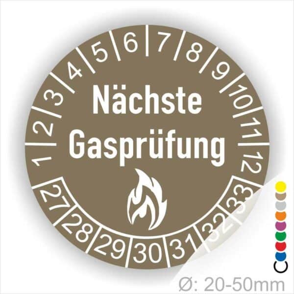 Mehrjahresplaketten, Prüfplaketten rund, Farbe- Braun, Text "Nächste Gasprüfung" in Weiß danach eine Flamme als Pictogramm oder Icon in Weiß, Startjahr- 27, Monatszahlen Oben und Jahreszahlen Unten in Kreisform.