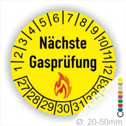 Runder Aufkleber in Gelb zur Kennzeichnung der nächsten Gasprüfung mit Feuer-Icon und Zahlen von 1 bis 12 Monatszahlen und 27-33 Jahreszahlen. Ideal für die Sicherheit von Gasinstallationen. Durchmesser 20-50 mm.