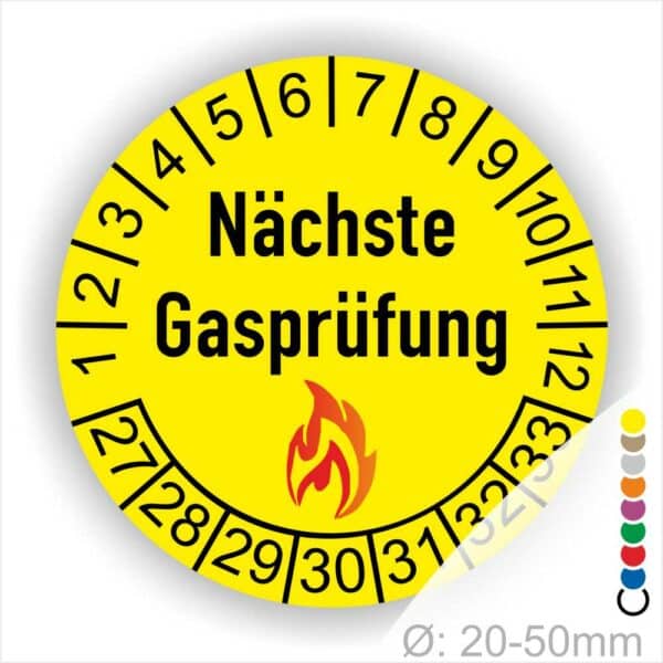 Prüfplaketten, Prüfetiketten rund, Farbe- Gelb, Text "Nächste Gasprüfung" in Schwarz danach eine Flamme als Pictogramm oder Icon in Rot, Startjahr- 27, Monatszahlen Oben und Jahreszahlen Unten in Kreisform. Über den Jahreszahlen.