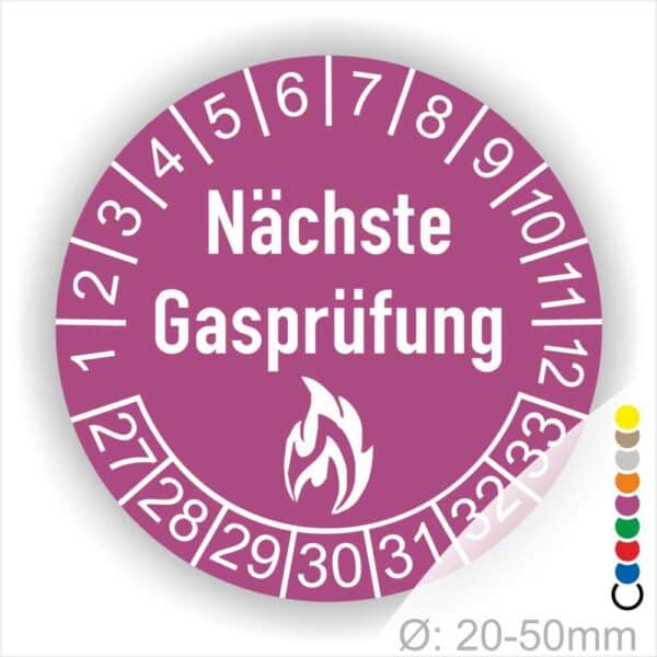 Mehrjahresplaketten, Prüfplaketten rund, Farbe- Lila, Text "Nächste Gasprüfung" in Weiß danach eine Flamme als Pictogramm oder Icon in Weiß, Startjahr- 27, Monatszahlen Oben und Jahreszahlen Unten in Kreisform.