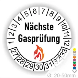 Runder Aufkleber in Weiss zur Kennzeichnung der nächsten Gasprüfung mit Feuer-Icon und Zahlen von 1 bis 12 Monatszahlen und 27-33 Jahreszahlen. Ideal für die Sicherheit von Gasinstallationen. Durchmesser 20-50 mm.