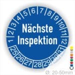 Prüfplaketten, Prüfetiketten rund, Farbe- Blau, Text "Nächste Inspektion" in Weiß. Startjahr- 25, Monatszahlen Oben und Jahreszahlen Unten in Kreisform.