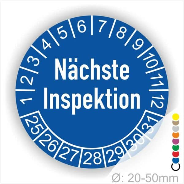 Prüfplaketten, Prüfetiketten rund, Farbe- Blau, Text "Nächste Inspektion" in Weiß. Startjahr- 25, Monatszahlen Oben und Jahreszahlen Unten in Kreisform.