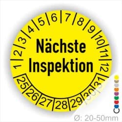 Prüfplaketten, Prüfetiketten rund, Farbe- Gelb, Text "Nächste Inspektion" in Schwarz. Startjahr- 24, Monatszahlen Oben und Jahreszahlen Unten in Kreisform.