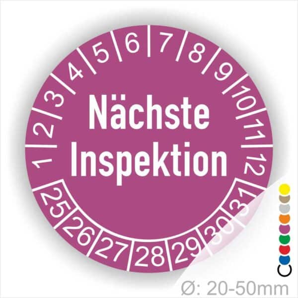 Prüfplaketten, Prüfetiketten rund, Farbe- Lila, Text "Nächste Inspektion" in Weiß. Startjahr- 25, Monatszahlen Oben und Jahreszahlen Unten in Kreisform.