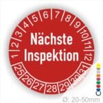 Prüfplaketten, Prüfetiketten rund, Farbe- Rot, Text "Nächste Inspektion" in Weiß. Startjahr- 25, Monatszahlen Oben und Jahreszahlen Unten in Kreisform.