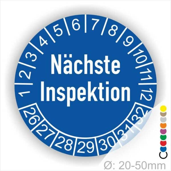 Prüfplaketten, Prüfetiketten rund, Farbe- Blau, Text "Nächste Inspektion" in Weiß. Startjahr- 26, Monatszahlen Oben und Jahreszahlen Unten in Kreisform.