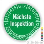 Prüfplaketten, Prüfetiketten rund, Farbe- Grün, Text "Nächste Inspektion" in Weiß. Startjahr- 26, Monatszahlen Oben und Jahreszahlen Unten in Kreisform.