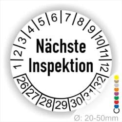 Prüfplaketten, Prüfetiketten rund, Farbe- Weiß, Text "Nächste Inspektion" in Schwarz. Startjahr- 26, Monatszahlen Oben und Jahreszahlen Unten in Kreisform.