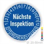 Prüfetikette, Plakette Nächste Inspektion Startjahr- 27Monatszahlen Oben und Jahreszahlen Unten in Kreisform Farbe- Blau