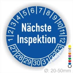 Prüfetikette, Plakette Nächste Inspektion Startjahr- 27Monatszahlen Oben und Jahreszahlen Unten in Kreisform Farbe- Blau