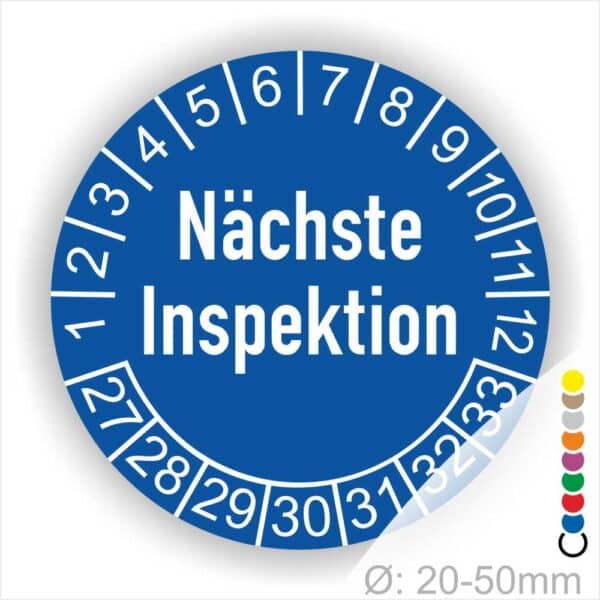 Prüfetikette, Plakette Nächste Inspektion Startjahr- 27Monatszahlen Oben und Jahreszahlen Unten in Kreisform Farbe- Blau