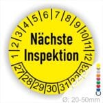 Prüfetiketten, Wartungssticker Nächste Inspektion Startjahr- 27 Monatszahlen Oben und Jahreszahlen Unten in Kreisform Farbe- Gelb