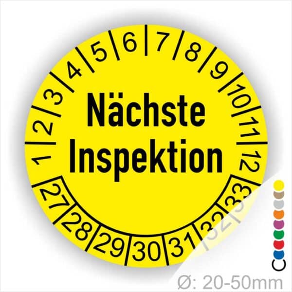 Prüfetiketten, Wartungssticker Nächste Inspektion Startjahr- 27 Monatszahlen Oben und Jahreszahlen Unten in Kreisform Farbe- Gelb