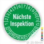 Grünes Inspektionsplakat mit der Aufschrift "Nächste Inspektion" und nummerierten Monaten für die nächste Wartung, Durchmesser 20-50 mm.