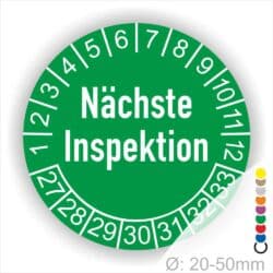 Prüfetiketten Nächste Inspektion Startjahr- 27 Monatszahlen Oben und Jahreszahlen Unten in Kreisform Farbe- Grün