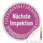 Prüfsiegel, Prüfetiketten Nächste Inspektion Startjahr- 27 Monatszahlen Oben und Jahreszahlen Unten in Kreisform Farbe- Lila