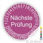 Prüfplaketten, Prüfetiketten rund, Farbe- Lila, Text "Nächste Prüfung" in Weiß. Startjahr- 25, Monatszahlen Oben und Jahreszahlen Unten in Kreisform.