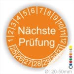 Prüfplaketten, Prüfetiketten rund, Farbe- Orange, Text "Nächste Prüfung" in Weiß. Startjahr- 25, Monatszahlen Oben und Jahreszahlen Unten in Kreisform.