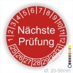 Prüfplaketten, Prüfetiketten rund, Farbe- Rot, Text "Nächste Prüfung" in Weiß. Startjahr- 25, Monatszahlen Oben und Jahreszahlen Unten in Kreisform.