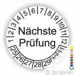 Prüfplaketten, Prüfetiketten rund, Farbe- Weiß, Text "Nächste Prüfung" in Schwarz. Startjahr- 25, Monatszahlen Oben und Jahreszahlen Unten in Kreisform.