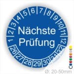 Prüfplaketten, Prüfetiketten rund, Farbe- Blau, Text "Nächste Prüfung" in Weiß. Startjahr- 26, Monatszahlen Oben und Jahreszahlen Unten in Kreisform.