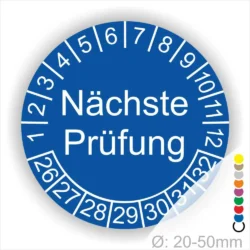Runder Prüfaufkleber mit der Aufschrift "Nächste Prüfung" und nummerierten Feldern von 1 bis 32, geeignet für Durchmesser 20-50 mm.