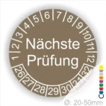 Runder Prüfaufkleber mit der Aufschrift „Nächste Prüfung“ und nummerierten Markierungen von 1 bis 32. Geeignet für Objekte mit einem Durchmesser von 20-50 mm.