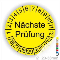 Prüfplaketten, Prüfetiketten rund, Farbe- gelb, Text "Nächste Prüfung" in schwarz. Startjahr- 26, Monatszahlen Oben und Jahreszahlen Unten in Kreisform.