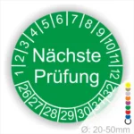 Grünes Prüfetikett mit der Aufschrift "Nächste Prüfung" und nummerierten Feldern von 1 bis 32. Ideal für die Kennzeichnung von Prüfintervallen. Durchmesser: 20-50 mm.