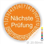 Runder Prüfaufkleber in Orange mit der Aufschrift "Nächste Prüfung" und nummerierten Prüfintervallen von 1 bis 32. Geeignet für Durchmesser von 20-50 mm.