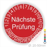 Runder Prüfaufkleber in Rot mit der Aufschrift "Nächste Prüfung" und einer Nummerierung von 1 bis 32, geeignet für Durchmesser von 20-50 mm.