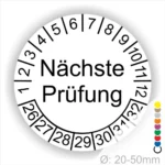 Prüfplaketten, Prüfetiketten rund, Farbe- weiss, Text "Nächste Prüfung" in schwarz. Startjahr- 26, Monatszahlen Oben und Jahreszahlen Unten in Kreisform.