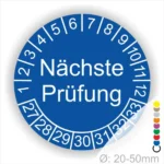 Prüfplaketten, Prüfetiketten rund, Farbe- blau, Text "Nächste Prüfung" in weiß. Startjahr- 27, Monatszahlen Oben und Jahreszahlen Unten in Kreisform.